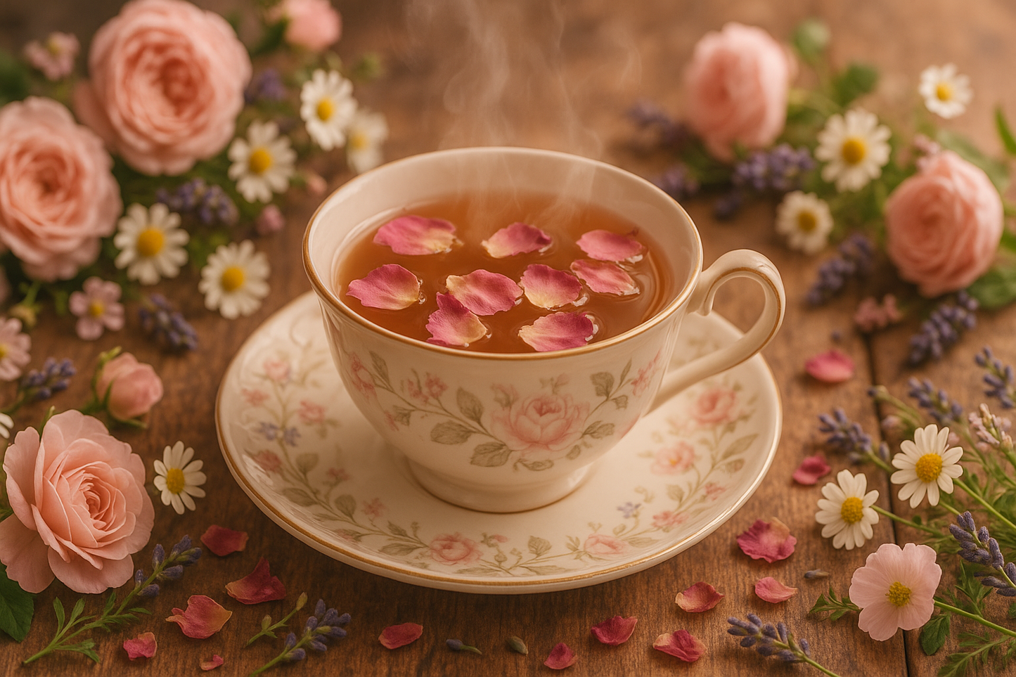 cup of flower power tea floral rosey