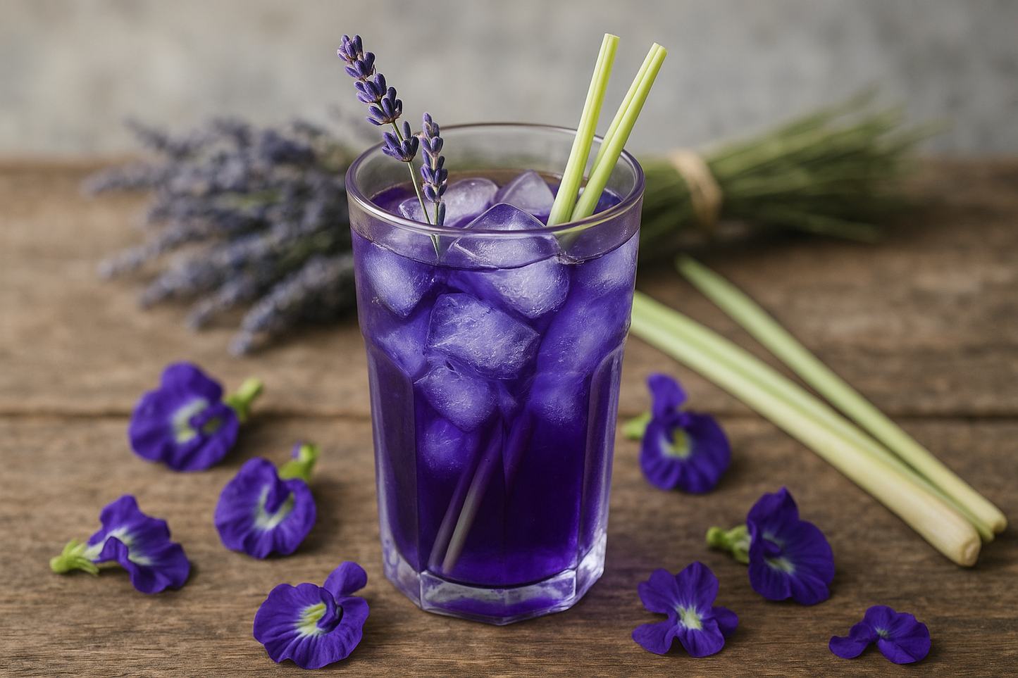 cup of iced tea butterfly pea flower with lavender and lemongrass