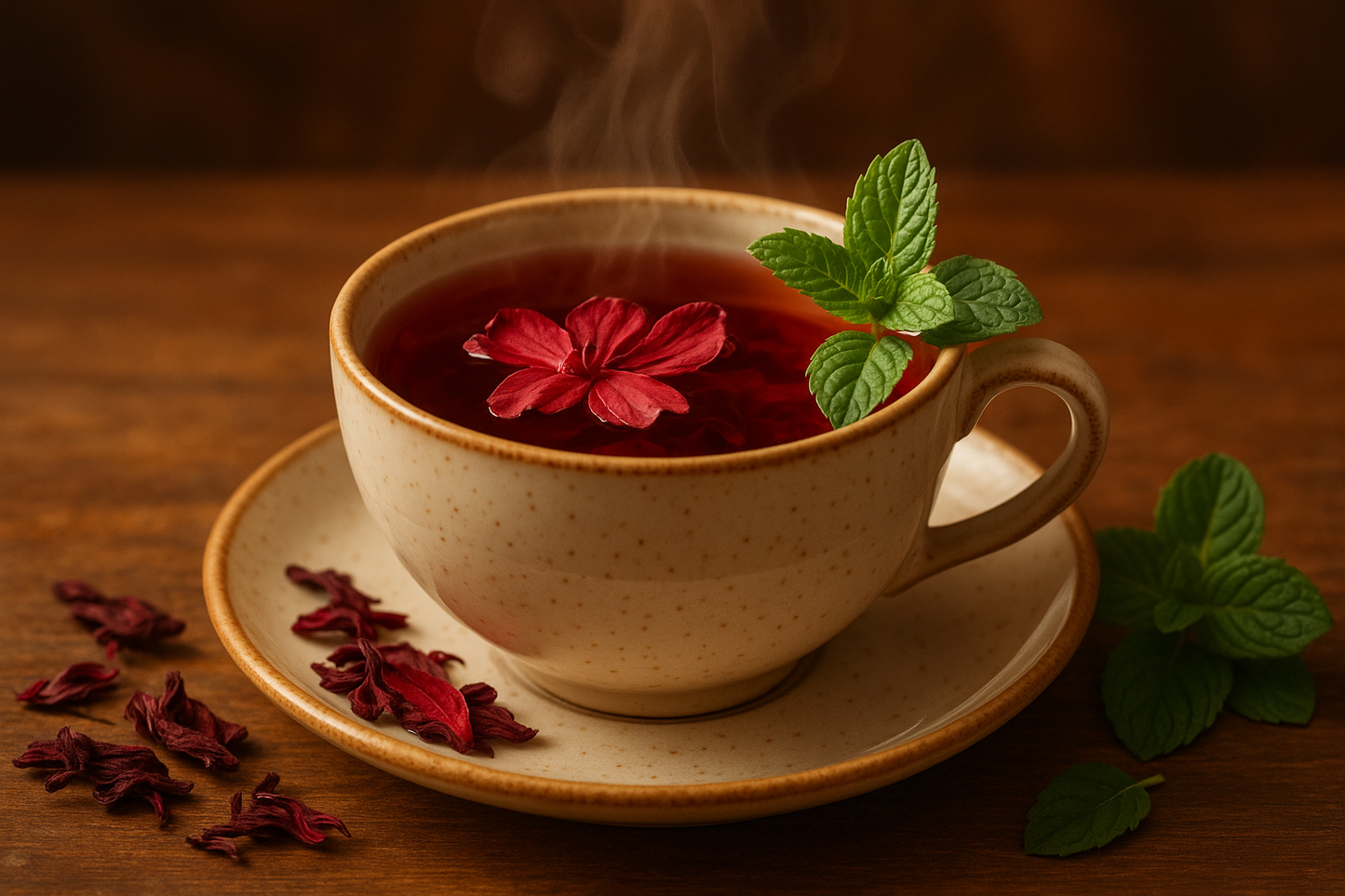 cup of tea black tea with hibiscus and spearmint