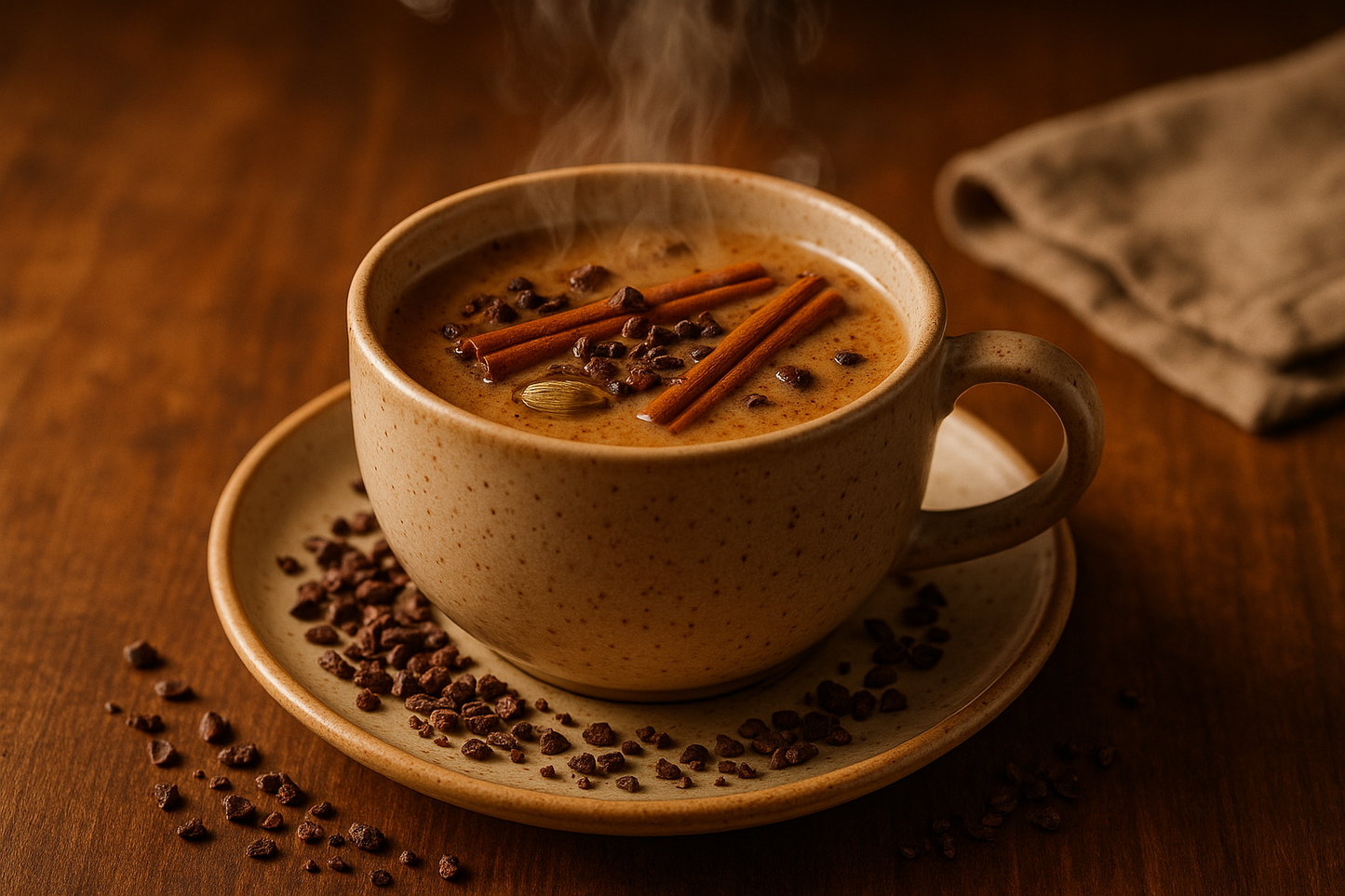 cup of hot chai with cocoa nibs